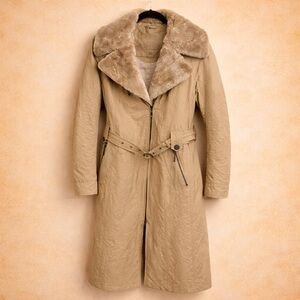 CREEN STONE THICK TRENCH WITH FAUX FUR COLLAR